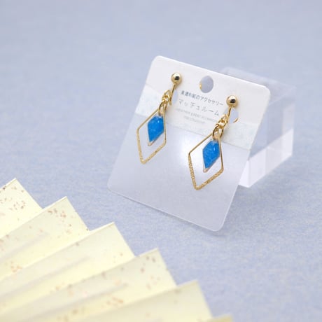 ひし形フープ｜美濃和紙のイヤリング・ピアス｜上品な和モダンスタイル｜青