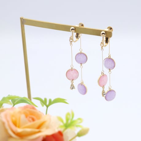 前後で揺れる水玉＊美濃和紙のイヤリング/ピアス＊ピンク×藤