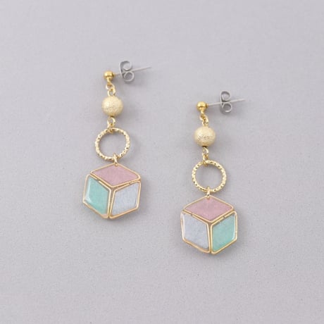 キューブ風3色＊美濃和紙のイヤリング/ピアス＊パステルカラー