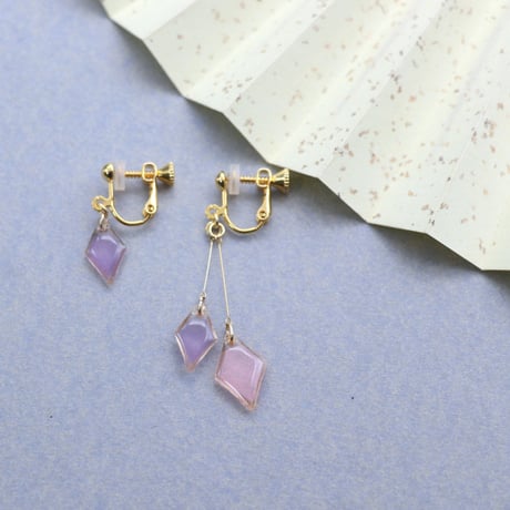 ひし形アシメ【美濃和紙のイヤリング/ピアス】ピンク×藤色