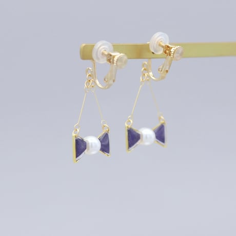 小さなリボン＊美濃和紙のイヤリング/ピアス＊深紫