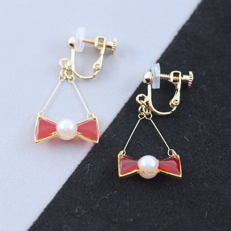 小さなリボン＊美濃和紙のイヤリング/ピアス＊赤