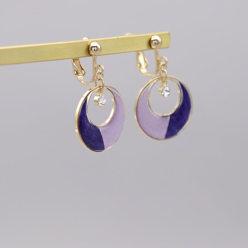 クリスタル揺れる丸【和紙のイヤリング/ピアス】深紫×藤色