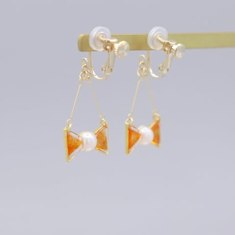 小さなリボン＊美濃和紙のイヤリング/ピアス＊オレンジ