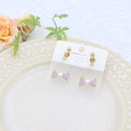 小さなリボン＊美濃和紙のイヤリング/ピアス＊藤色