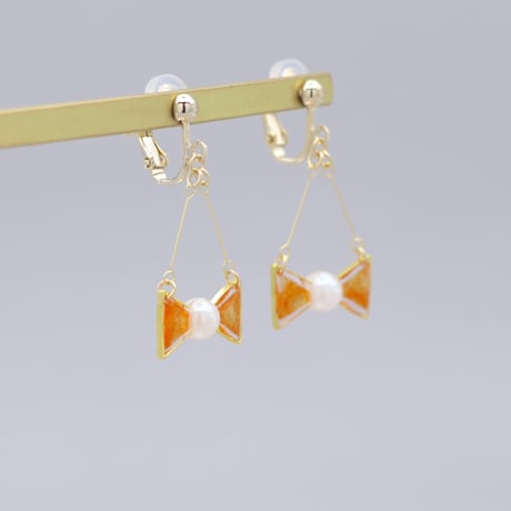 小さなリボン＊美濃和紙のイヤリング/ピアス＊オレンジ