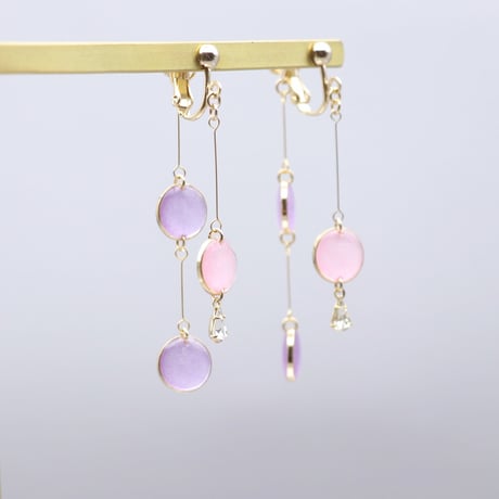 前後で揺れる水玉＊美濃和紙のイヤリング/ピアス＊ピンク×藤