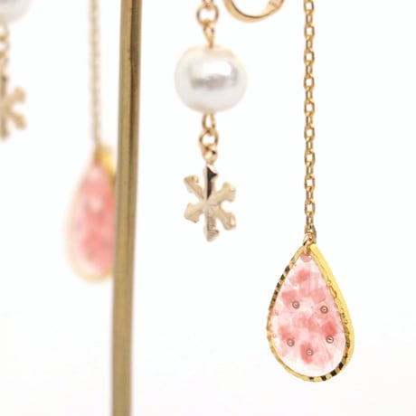 和紙のイヤリング/ピアス＊ドロップ＊雪チャーム＊コットンパール /ピンク