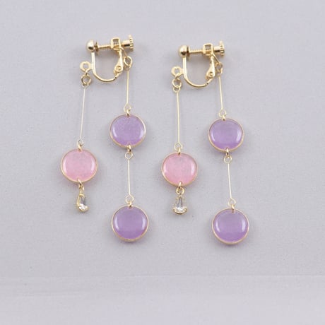 前後で揺れる水玉＊美濃和紙のイヤリング/ピアス＊ピンク×藤