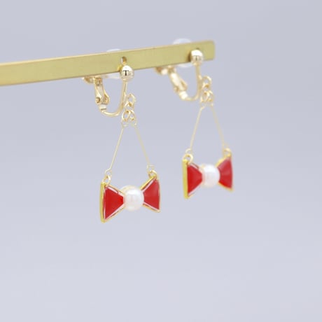 小さなリボン＊美濃和紙のイヤリング/ピアス＊赤