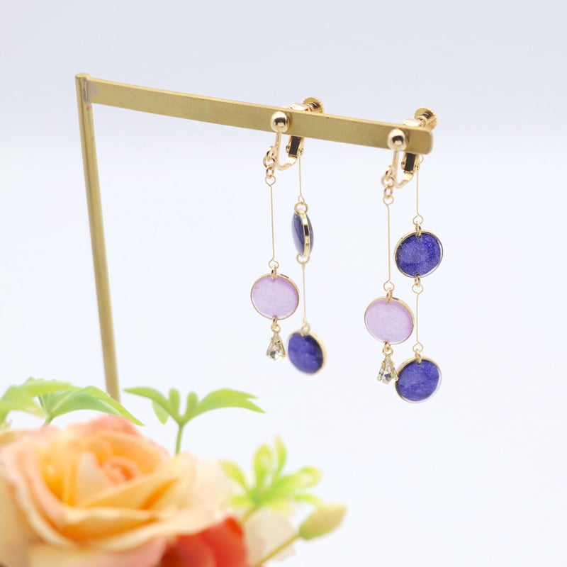 前後で揺れる水玉＊美濃和紙のイヤリング/ピアス＊藤×深紫