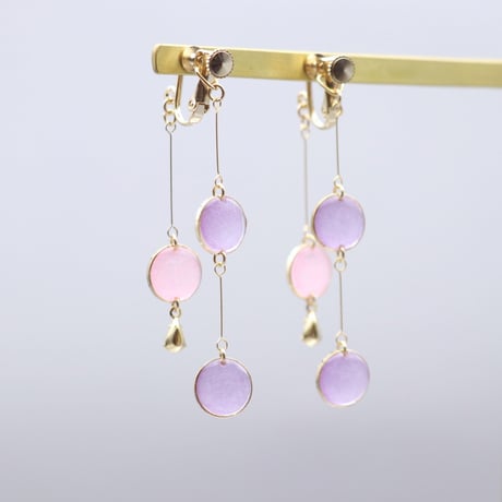 前後で揺れる水玉＊美濃和紙のイヤリング/ピアス＊ピンク×藤