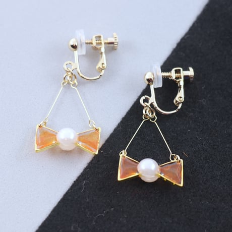 小さなリボン＊美濃和紙のイヤリング/ピアス＊オレンジ