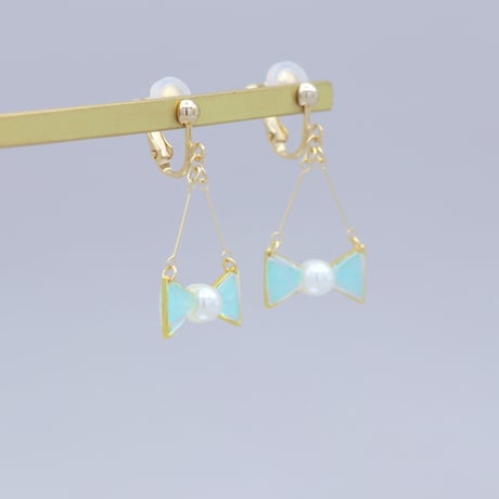 小さなリボン＊美濃和紙のイヤリング/ピアス＊ターコイズブルー