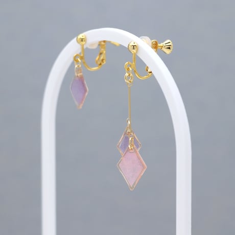 ひし形アシメ【美濃和紙のイヤリング/ピアス】ピンク×藤色