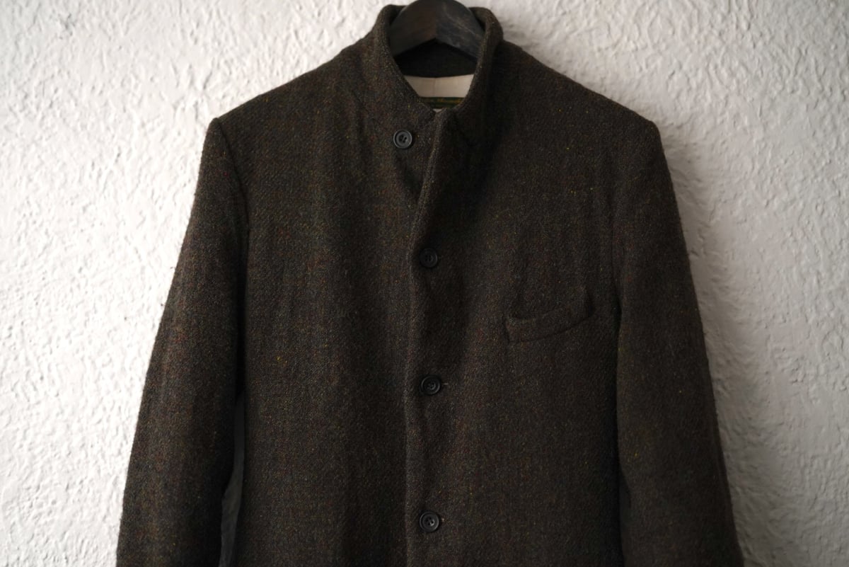 ポールハーデン☆初期ロングコートS☆ツイードモスグリーン オリーブ