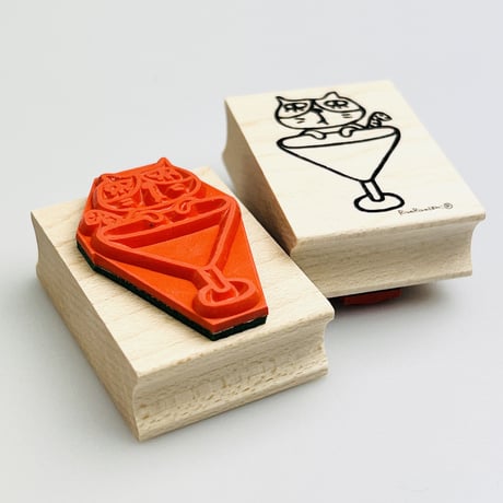 【尾曲がりネコとカクテルグラス】デザインはんこ30x40mm_R691