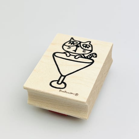 【尾曲がりネコとカクテルグラス】デザインはんこ30x40mm_R691
