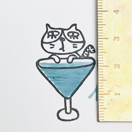 【尾曲がりネコとカクテルグラス】デザインはんこ30x40mm_R691