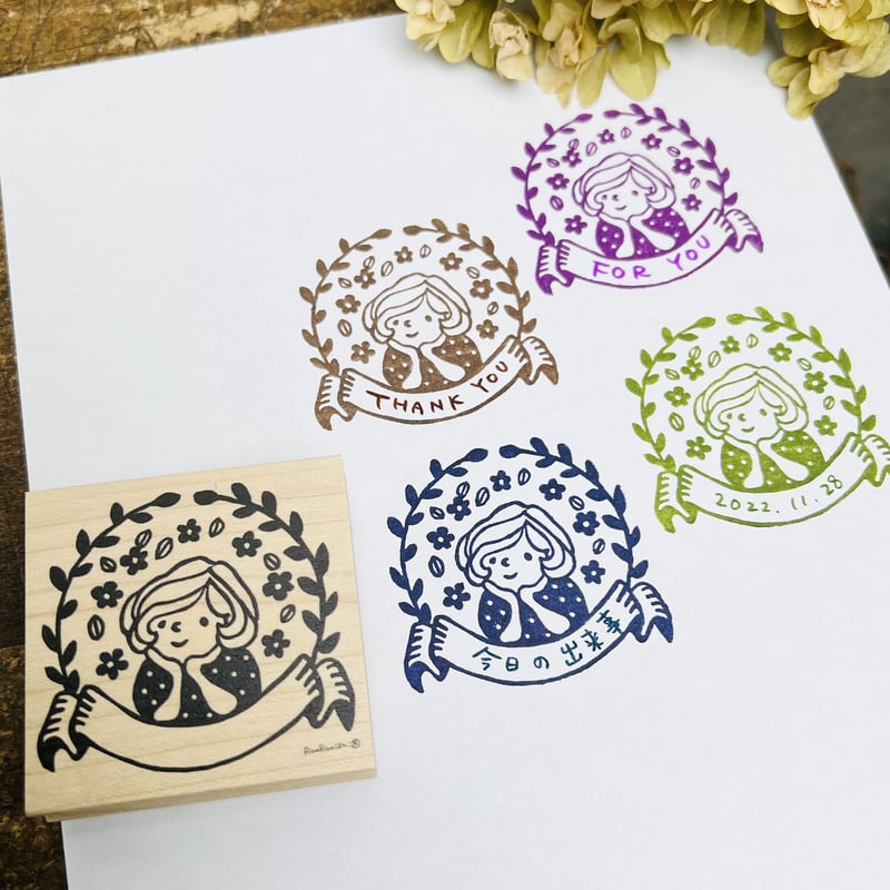 ほおづえマロンちゃんのタイトル枠＊55mmx55mm＊ラバースタンプ＊R771