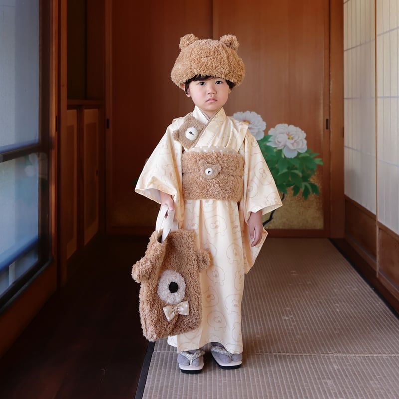 ふりふクマ柄着物3点セットFサイズ 2 ステップ着物（3歳用くま帯タイプ） | HAM-NICO