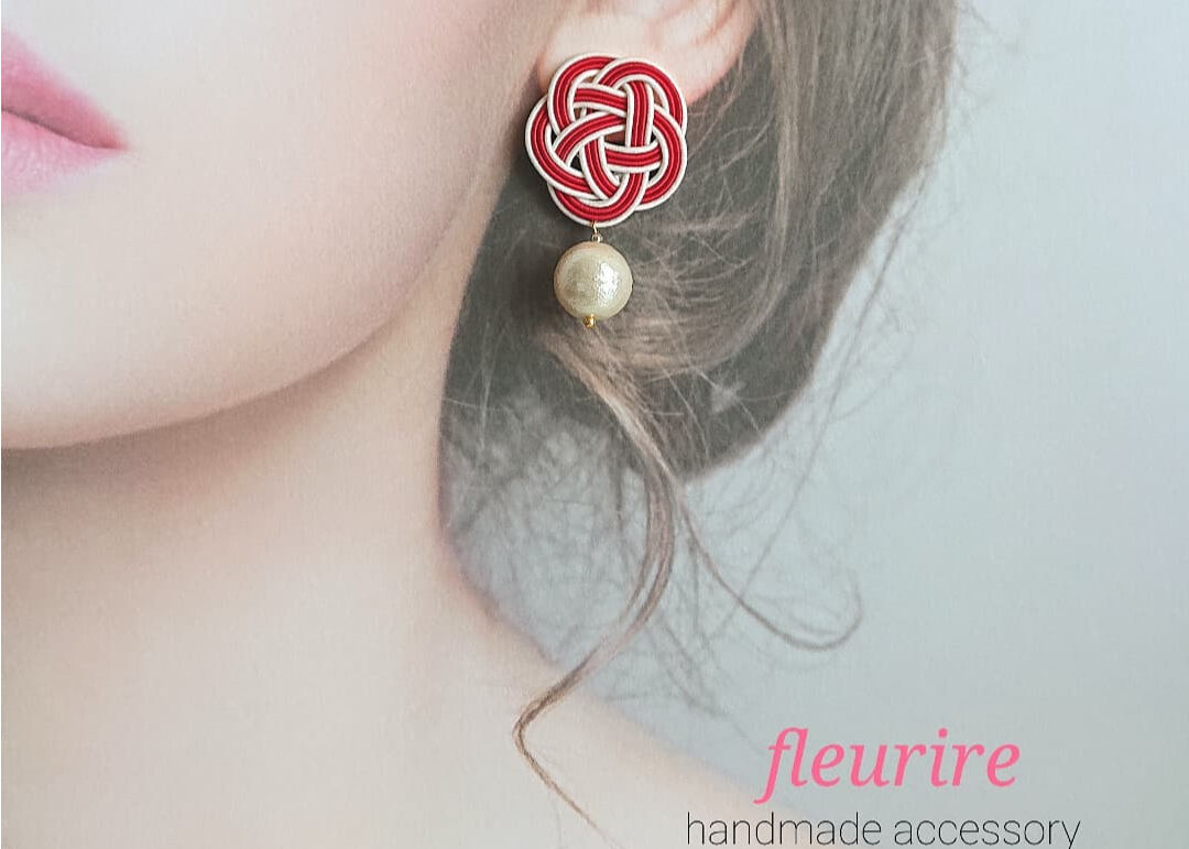 水引(梅結び)×コットンパールの和ピアス/イヤリング※アレルギー対応可