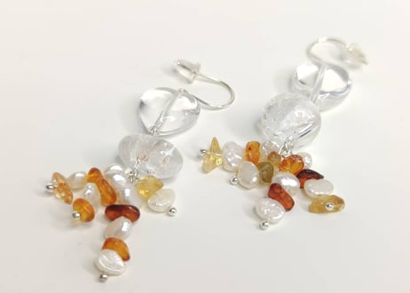 ピアス 琥珀 水晶 シトリン