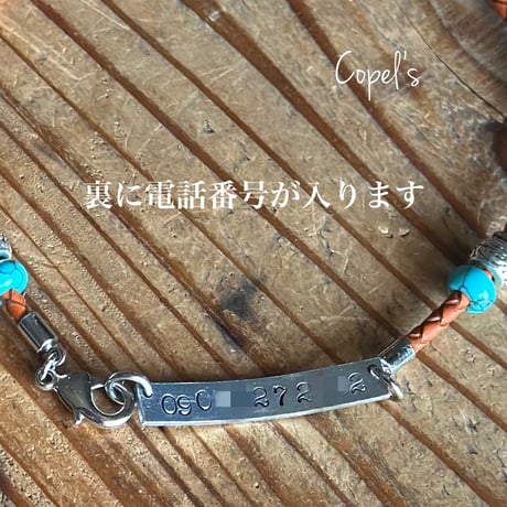 ターコイズ石　迷子札本革チョーカー(革色選べます)