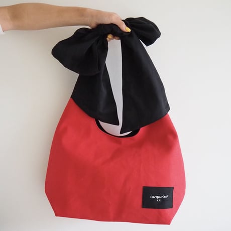黒リボンの帆布バッグ/red