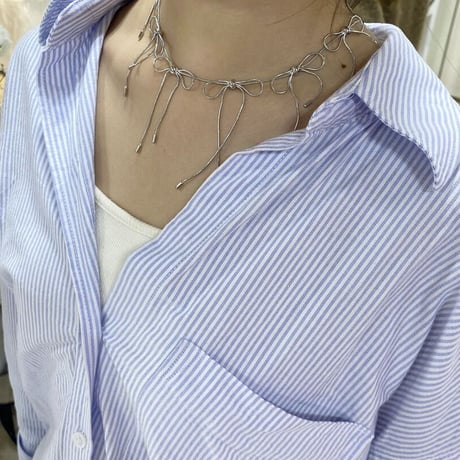 (N189)silver ribbons necklace