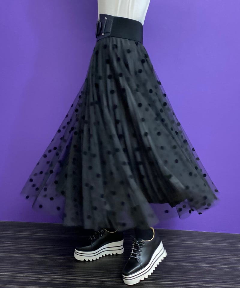 リバーシブルドットチュールプリーツスカート ブラック | Camellia