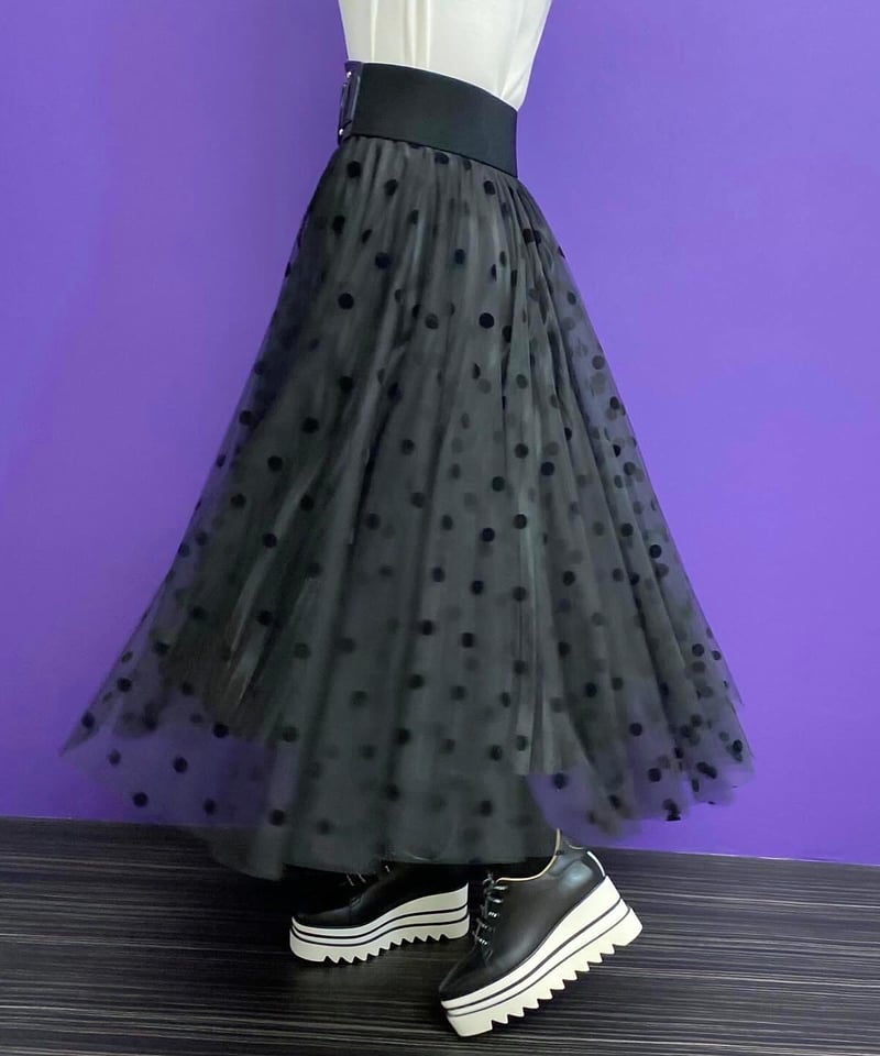 リバーシブルドットチュールプリーツスカート ブラック | Camellia