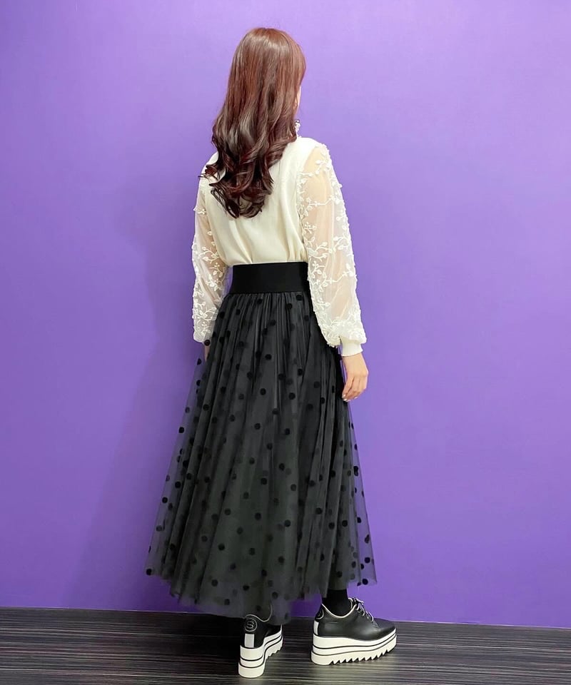 リバーシブルドットチュールプリーツスカート ブラック | Camellia