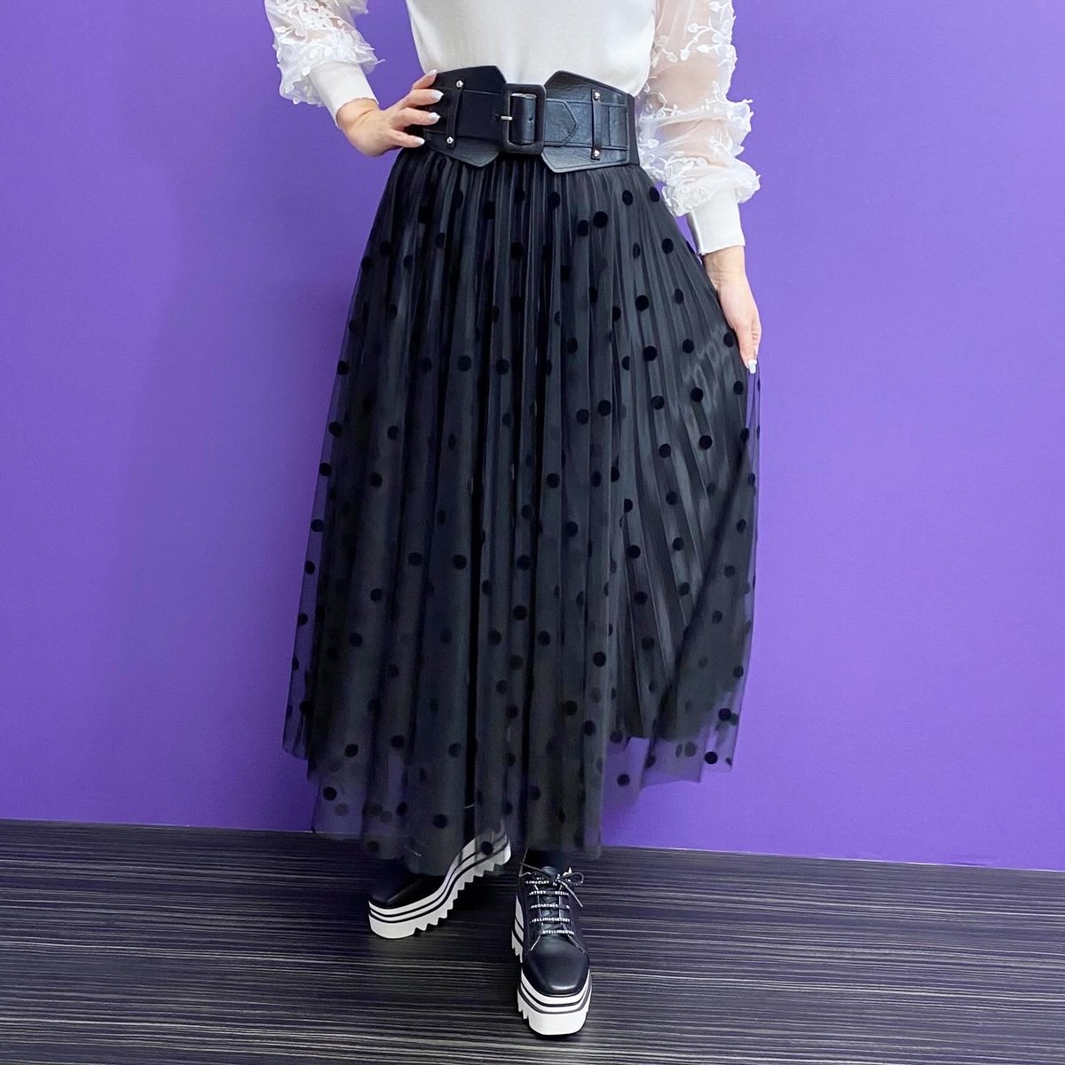 リバーシブルドットチュールプリーツスカート ブラック | Camellia