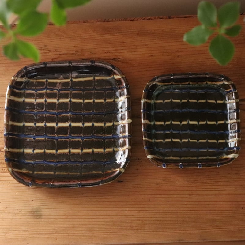 角皿5枚 直径12.5cm 布志名焼 スリップウエア 民藝 レトロ Vintage Japanese Folk Art: 角皿 / 湯町窯