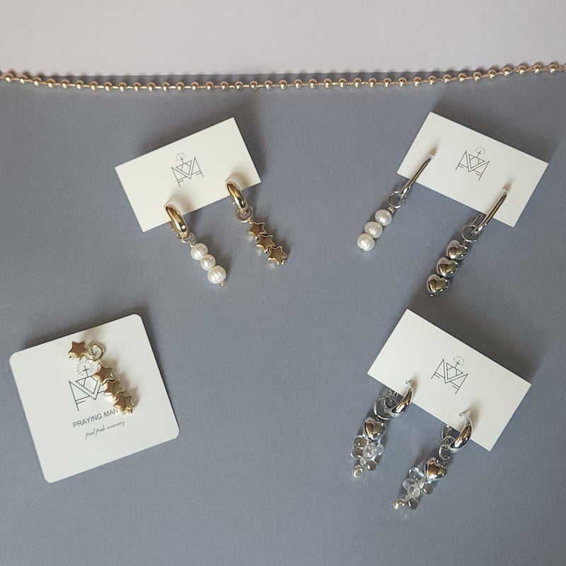 メタルハート淡水パールアシンメトリーチタンピアス | PRAYING MANTIS