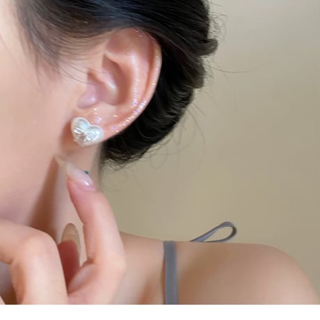 Heart pearl ribbon earring【R0427】