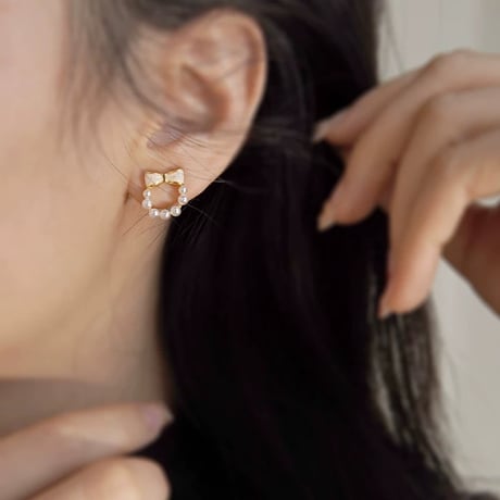 Circle pearl ribbon earring【R0430】