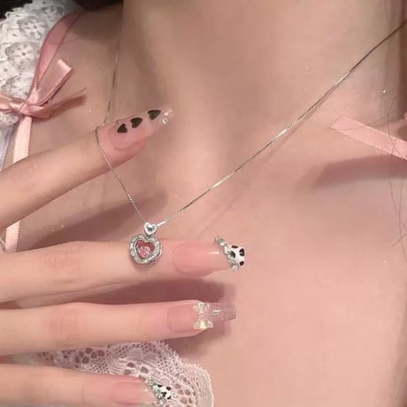 Double heart pink necklace【R0442】