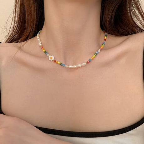 daisy&pearl beads necklace【R0212】