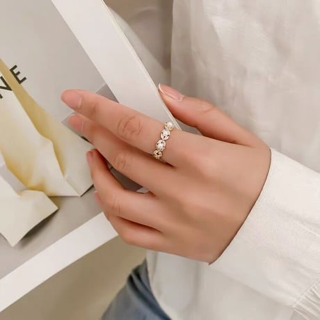 Flower pearl cuff ring【R0343】