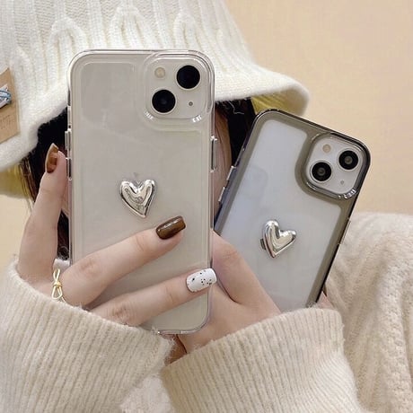シルバーワンポイントハートスマホケース【C0137】