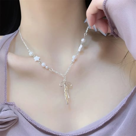 Ribbon pearl starnecklace【R0435】