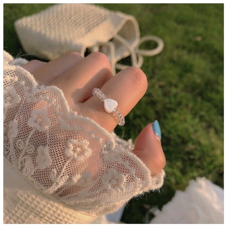 Clear sphere &shell heart  ring【R0192】