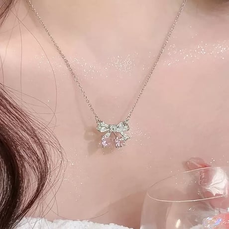 Cherry pink ribbon necklace【R0516】