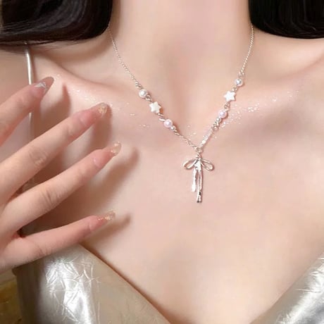 Ribbon pearl starnecklace【R0435】