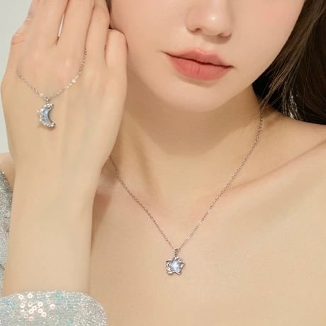 Blue star & moon necklace【R0496】