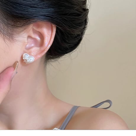 Heart pearl ribbon earring【R0427】