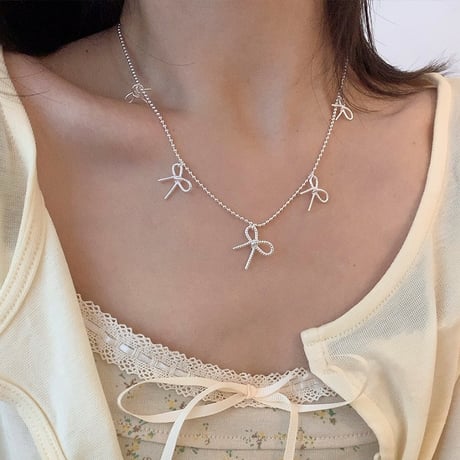 Silver ribbon necklace【R0437】