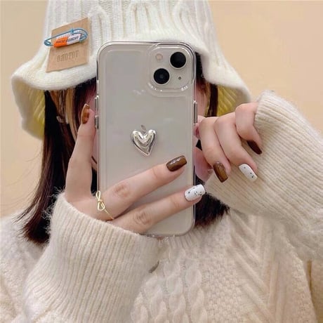 シルバーワンポイントハートスマホケース【C0137】